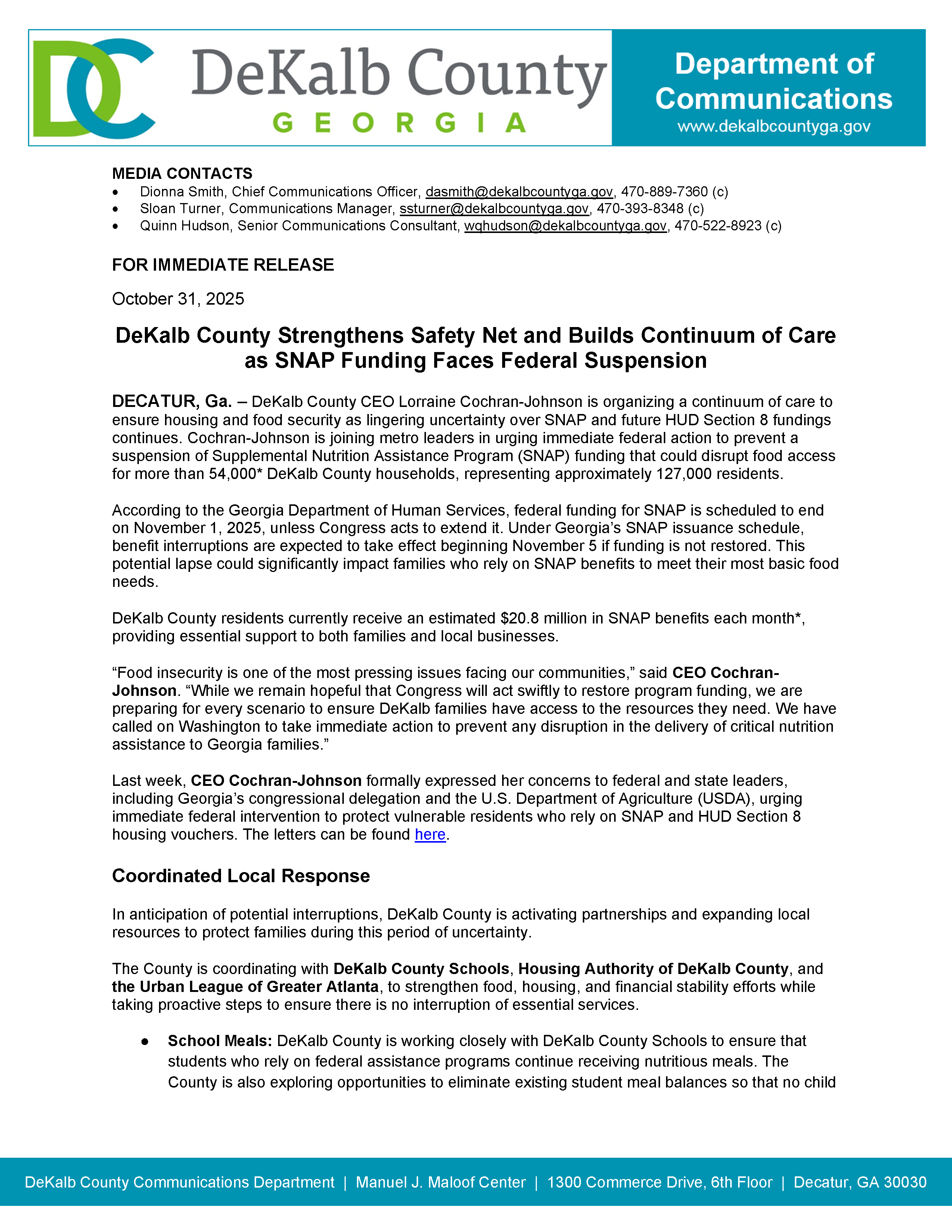 Image link to Official Press Release: DeKalb County Strengthens Safety Net and Builds Continuum of Care as SNAP Funding Faces Federal Suspension