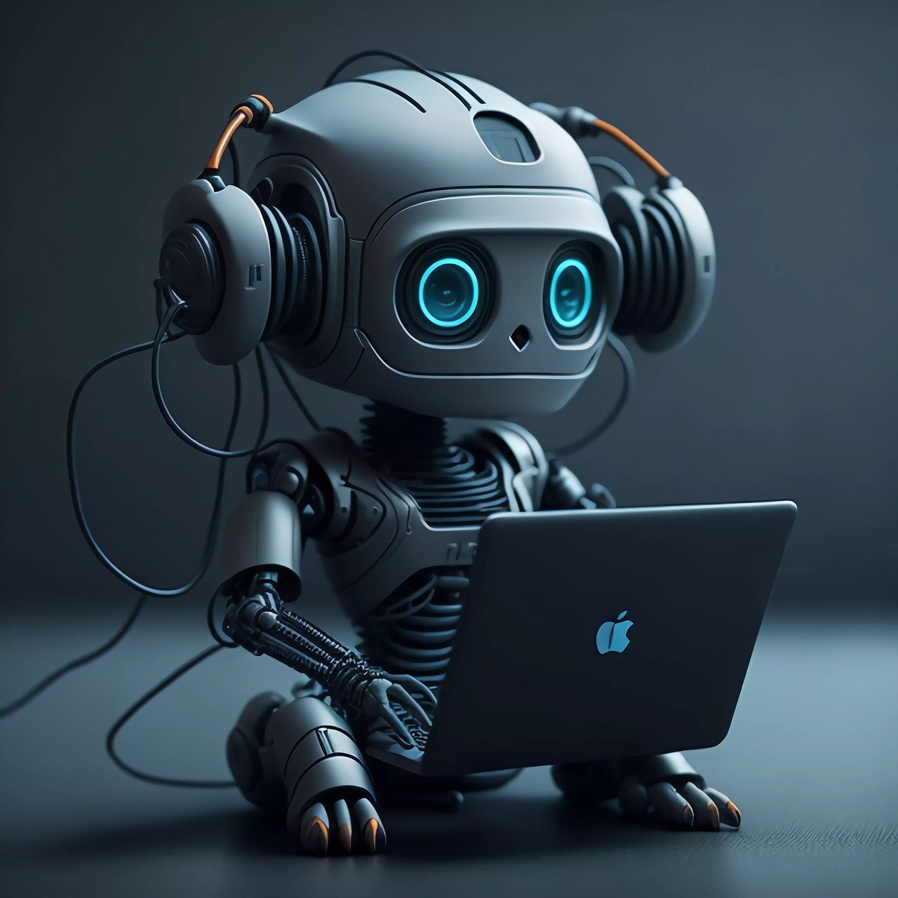 futuristic AI robot with glowing blue eyes wearing headphones and using a laptop, illustrating artificial intelligence as a virtual employee or agent in modern businesses futuristic AI robot with glowing blue eyes wearing headphones and using a laptop, illustrating artificial intelligence as a virtual employee or agent in modern businesses