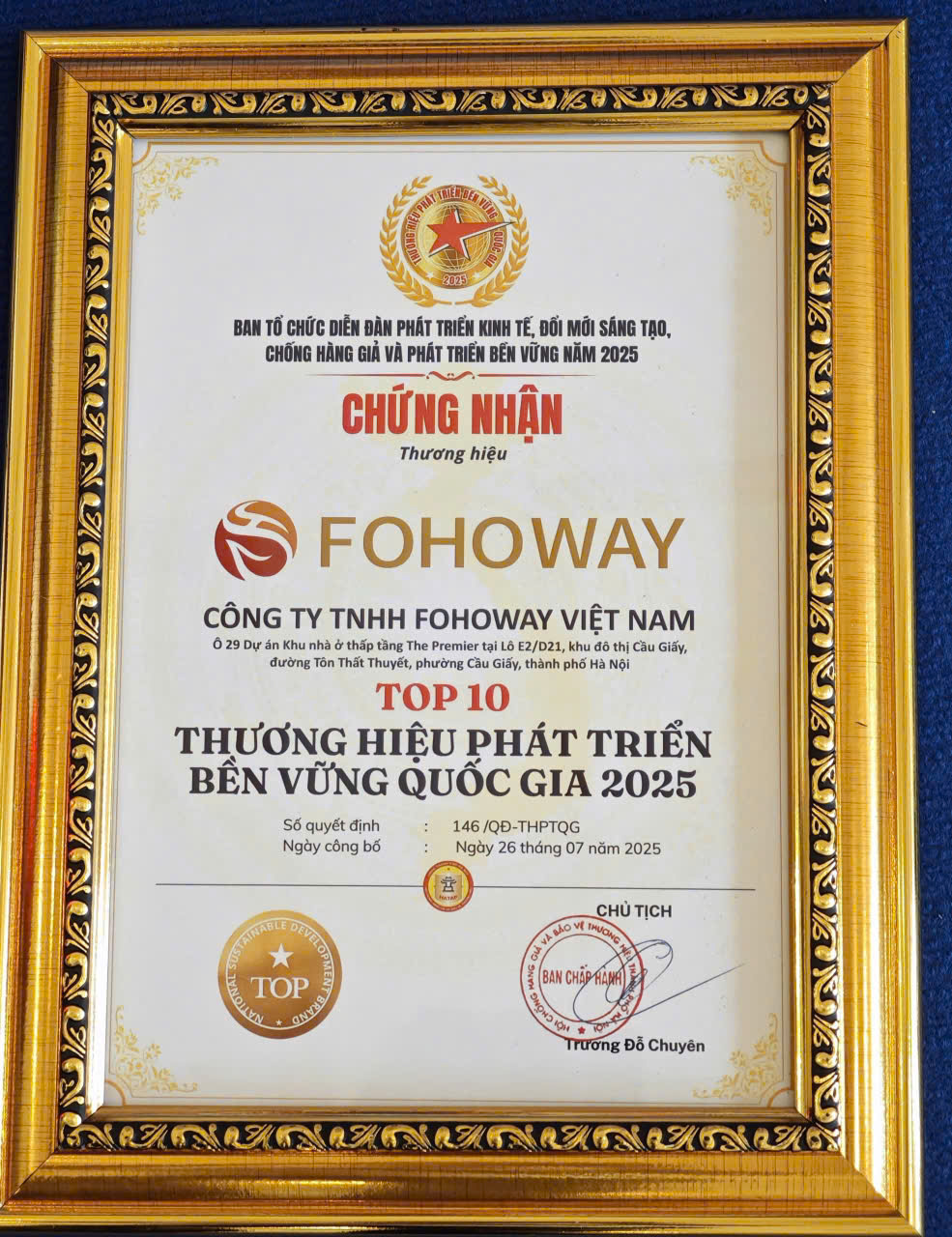 FOHOWAY VIỆT NAM VINH DỰ ĐƯỢC VINH DANH TOP 10 THƯƠNG HIỆU PHÁT TRIỂN BỀN VỮNG QUỐC GIA 2025