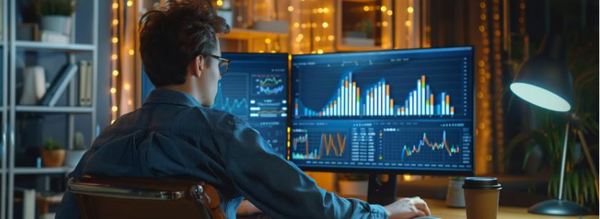 a person analyzing charts and graphs on a computer screen to track keyword performance for a local business. a person analyzing charts and graphs on a computer screen to track keyword performance for a local business.