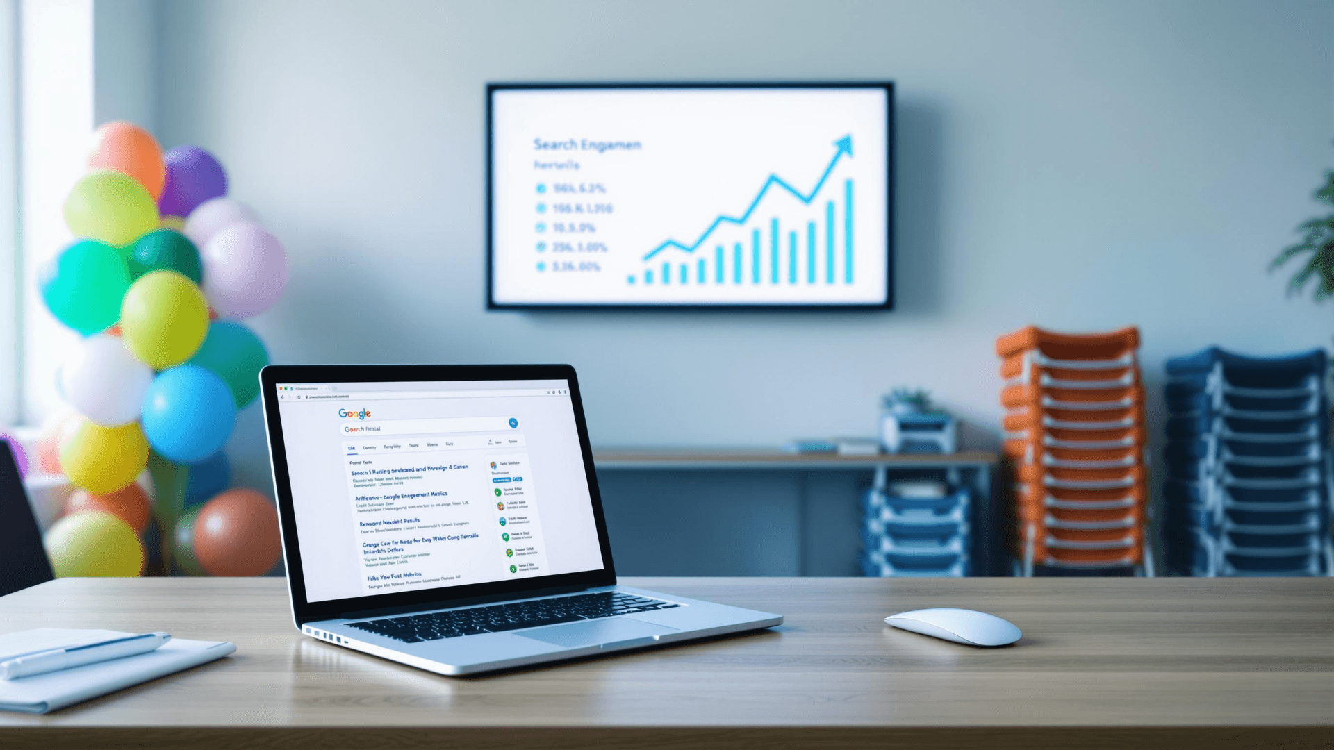 a computer on a desk with rising arrows showing the importance of AEO for party rental companies. a computer on a desk with rising arrows showing the importance of AEO for party rental companies.