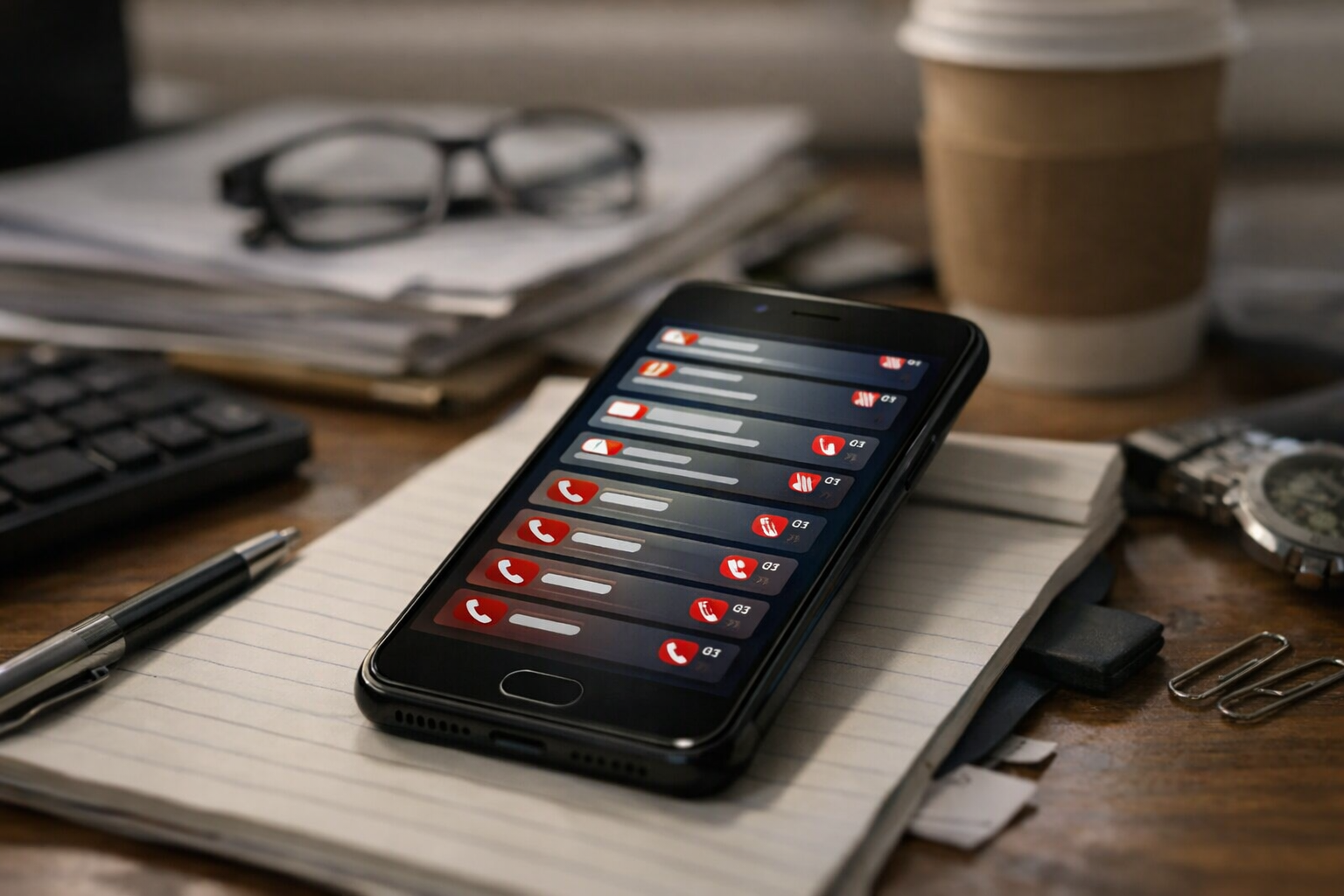 Realistic smartphone on a cluttered office desk showing stacked missed calls and unread notifications during a busy workday, representing time pressure and overwhelmed business communication. Realistic smartphone on a cluttered office desk showing stacked missed calls and unread notifications during a busy workday, representing time pressure and overwhelmed business communication.