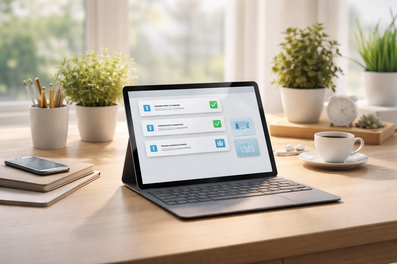 Clean organized workspace with a laptop displaying automated message confirmations and scheduled callbacks, representing a calm and efficient business system handling customer responses quickly. Clean organized workspace with a laptop displaying automated message confirmations and scheduled callbacks, representing a calm and efficient business system handling customer responses quickly.