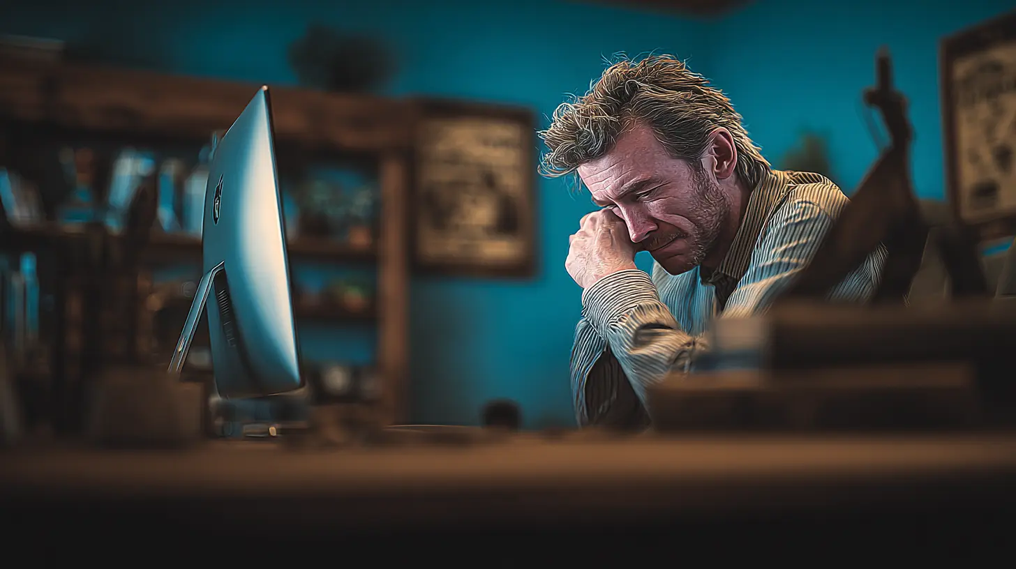 Overwhelmed man with his head in his hands, at his desk Overwhelmed man with his head in his hands, at his desk