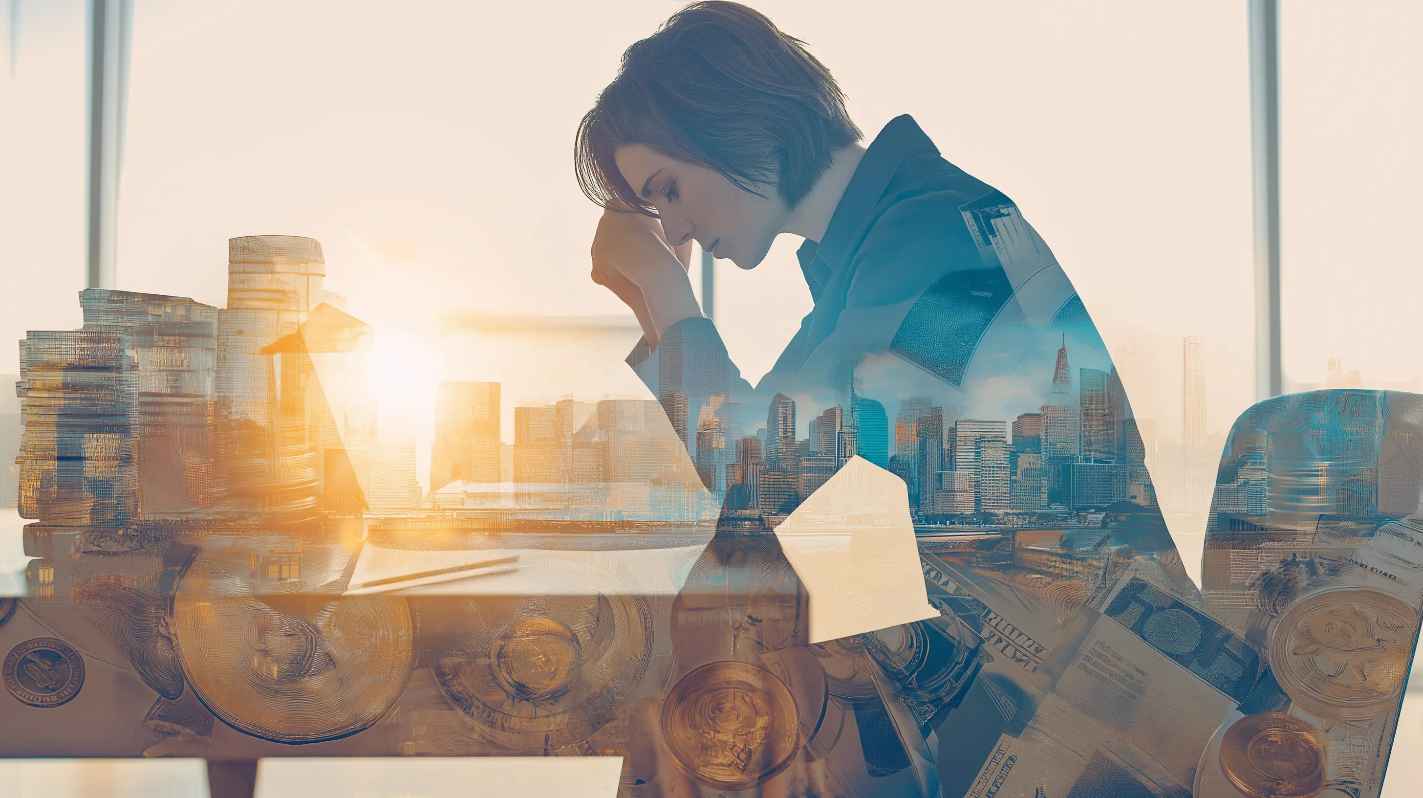 A woman frustrated with her face in her hands, sitting at her desk. A double exposure of a city. A woman frustrated with her face in her hands, sitting at her desk. A double exposure of a city.