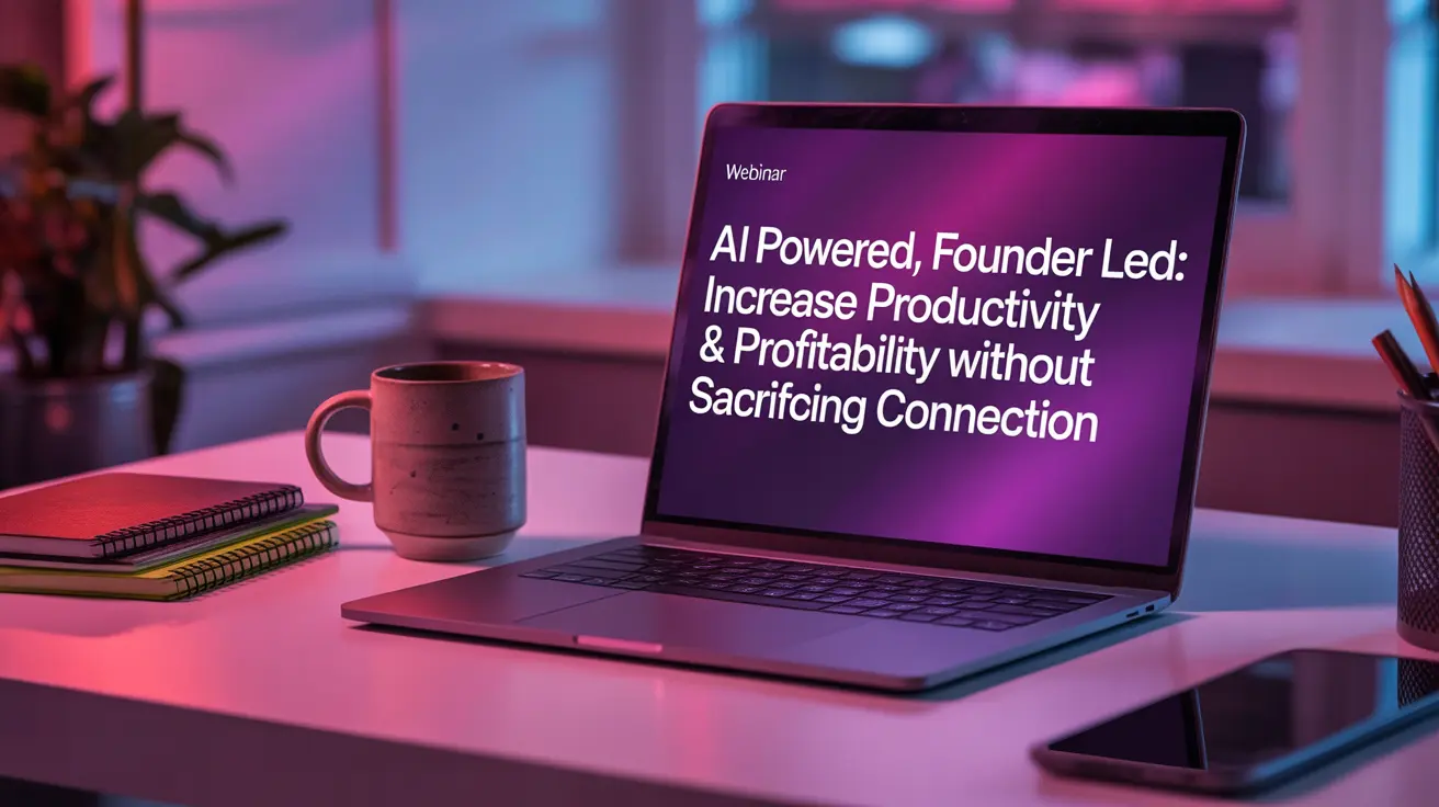 An open laptop showing the title 'Webinar' and below that: "AI Powered, Founder Led: Increase Productivity and Profitability Without Losing the Human Touch' An open laptop showing the title 'Webinar' and below that: "AI Powered, Founder Led: Increase Productivity and Profitability Without Losing the Human Touch'