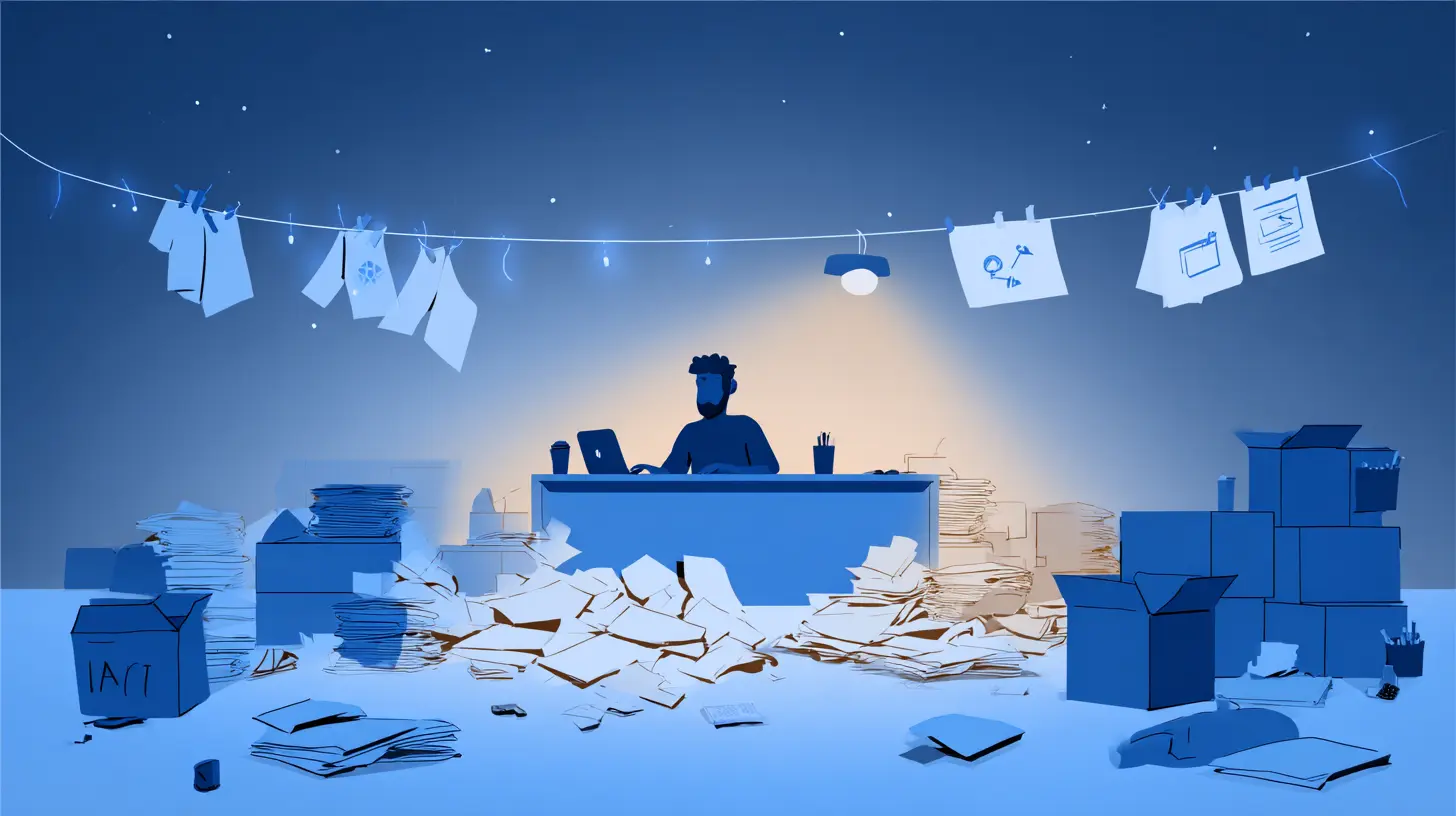A scene with someone sitting at a desk in an office full of stacks of paper A scene with someone sitting at a desk in an office full of stacks of paper