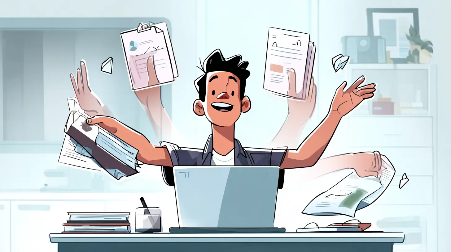 A man sitting at a desk with extra arms helping him with his tasks, representative of the benefits of working with AI A man sitting at a desk with extra arms helping him with his tasks, representative of the benefits of working with AI
