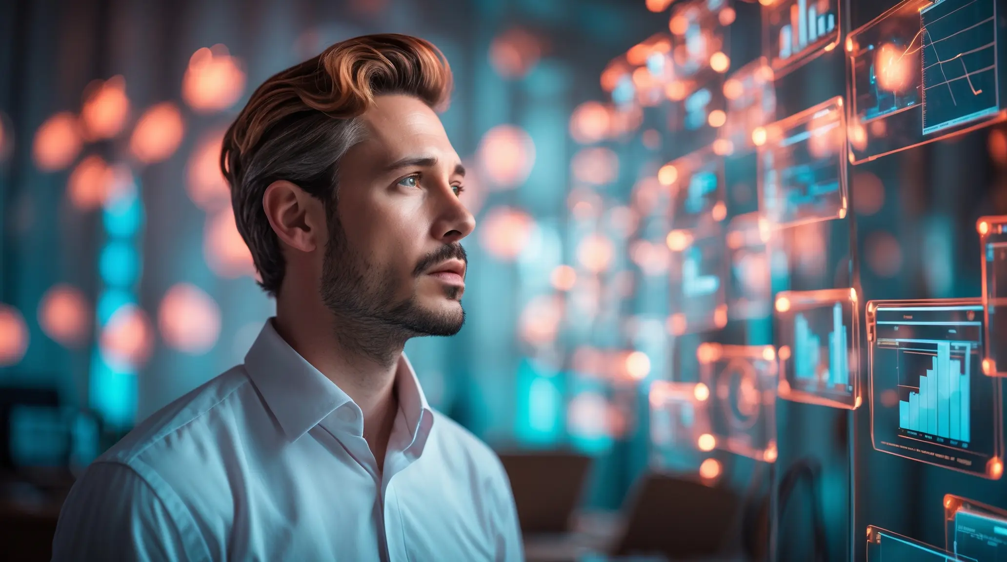 A man staring at a futuristic screen with electric lines of blue and pink visible A man staring at a futuristic screen with electric lines of blue and pink visible