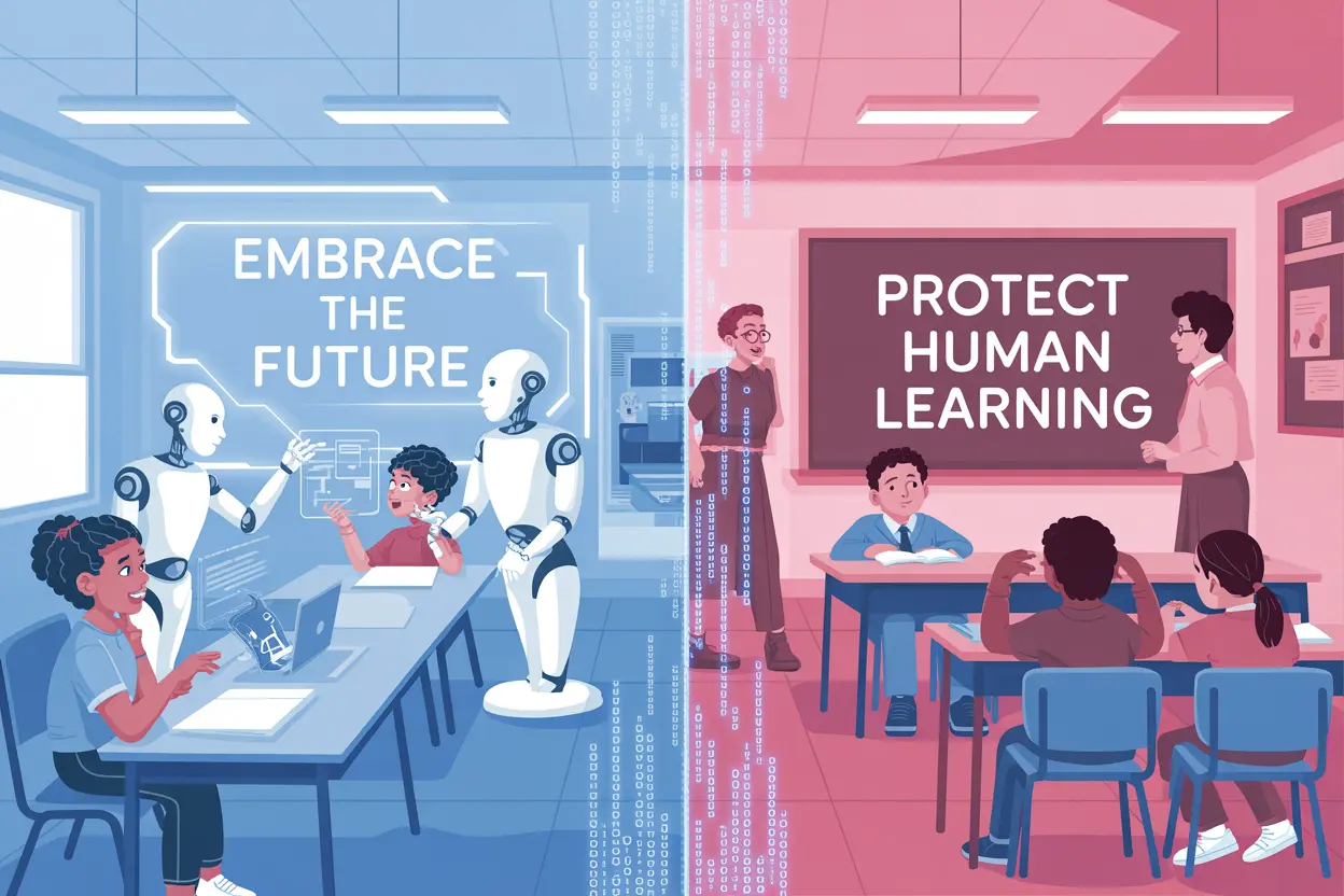 Two sides of the class, one agrees with teaching AI one doesn't