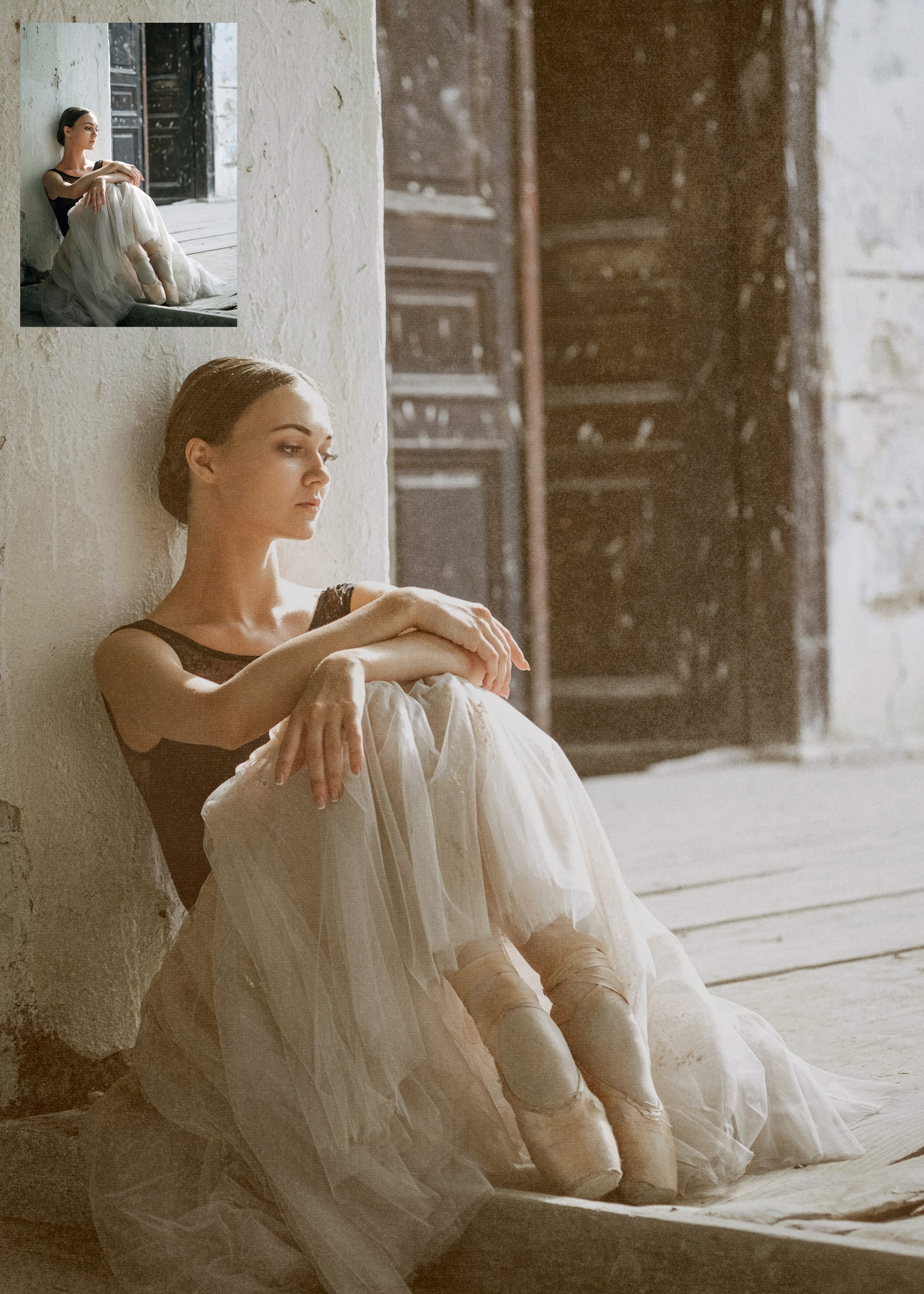 before and after example of adding a texture to a portrait of a ballet dancer