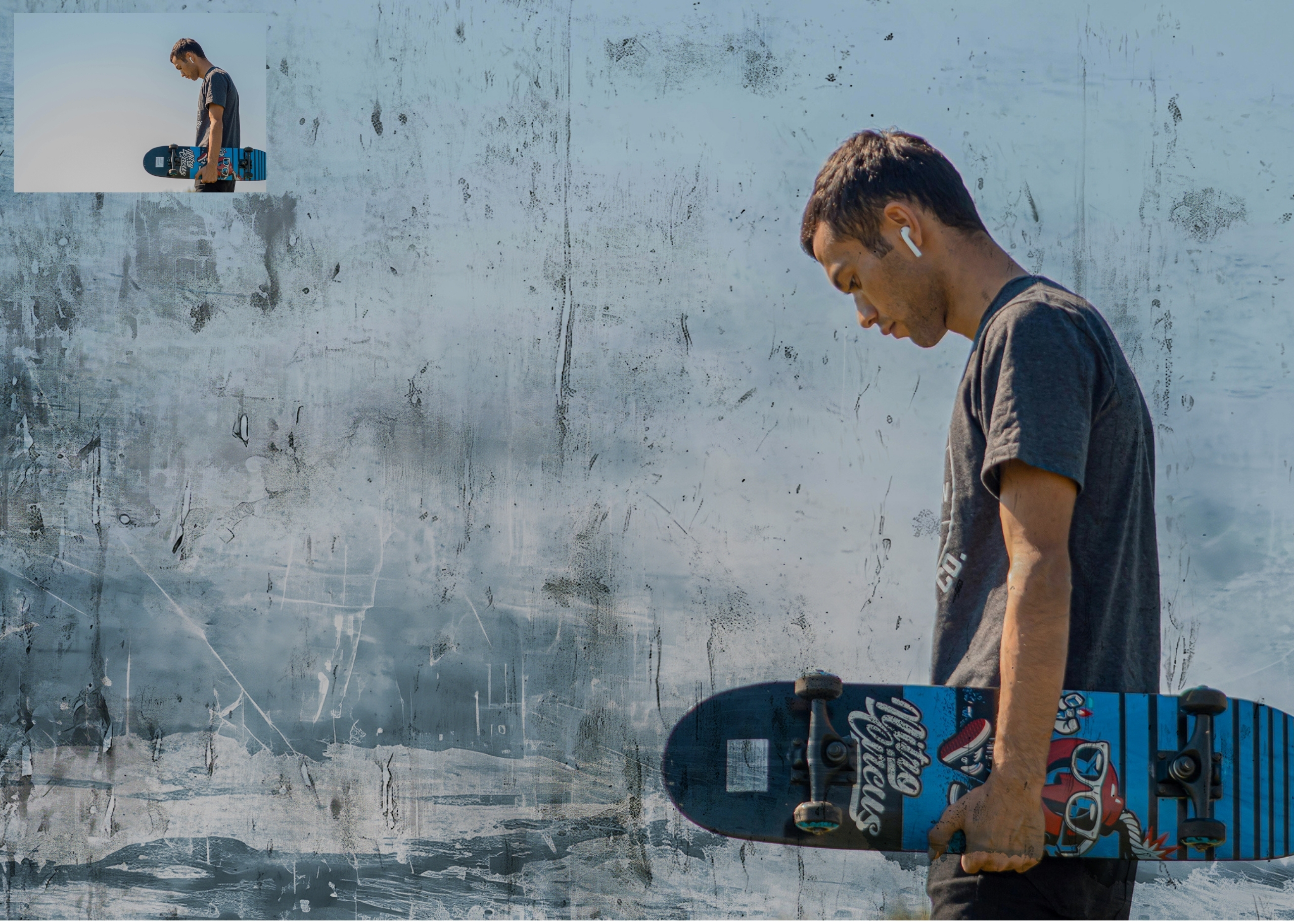 before and after image of a skateboarder showing how to add a texture for a grunge effect in photoshop