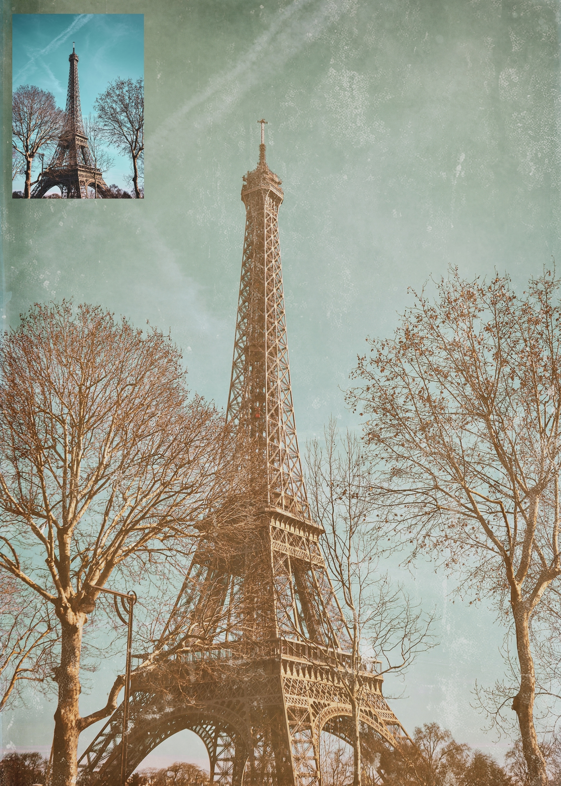 before and after image of the eiffel tower showing how to turn a travel photo into a vintage postcard using textures in photoshop