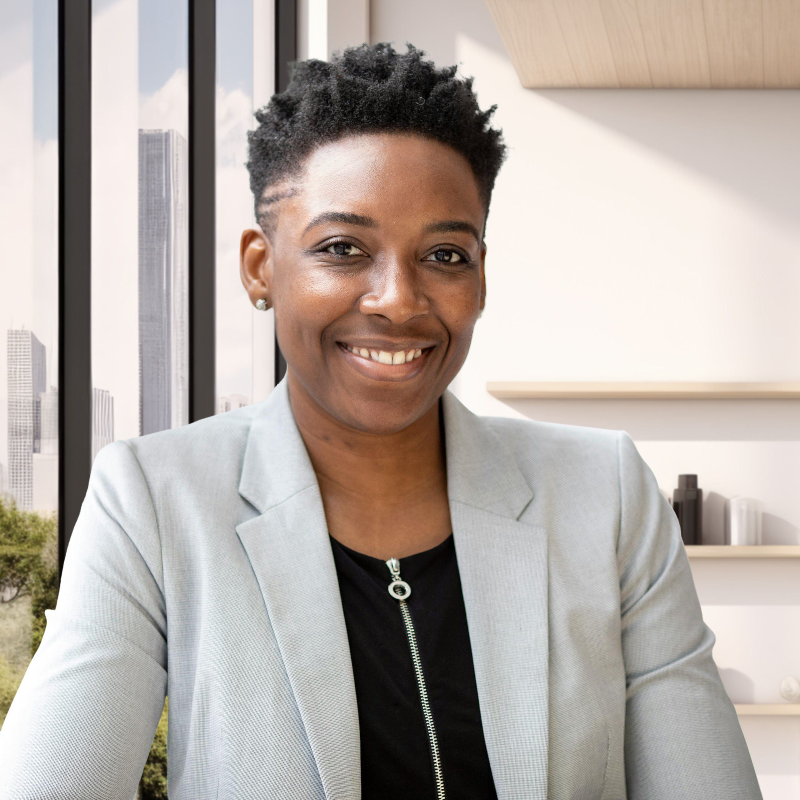 headshot of a female corporate executive with a digital background of an office