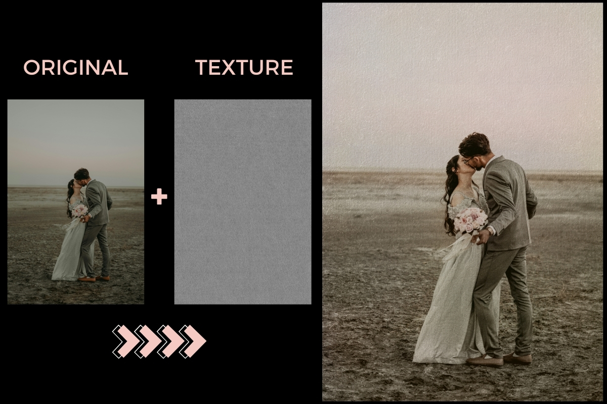 before and after showing how to transform a wedding image using a canvas paper photoshop texture overlay