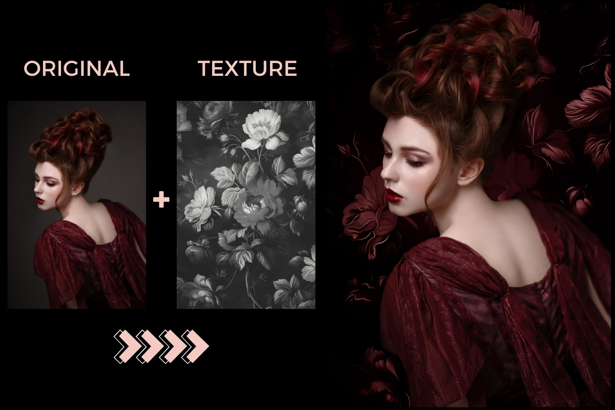 before and after showing how to transform a portrait image using a floral photoshop texture overlay