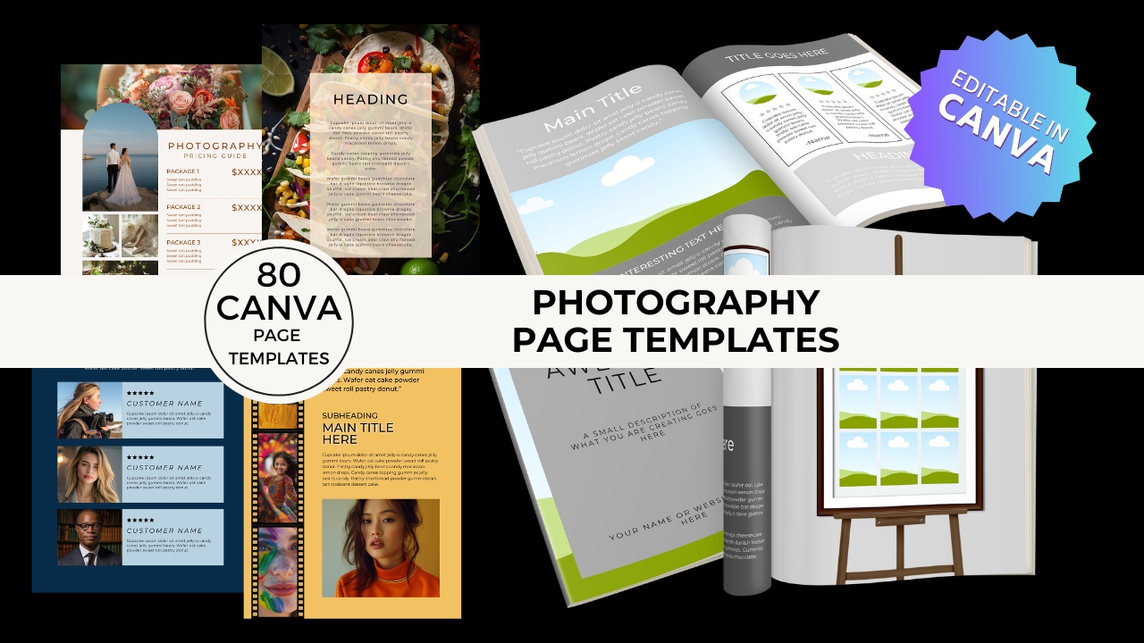 photography page templates you can use to customize branded marketing materials for your photography business