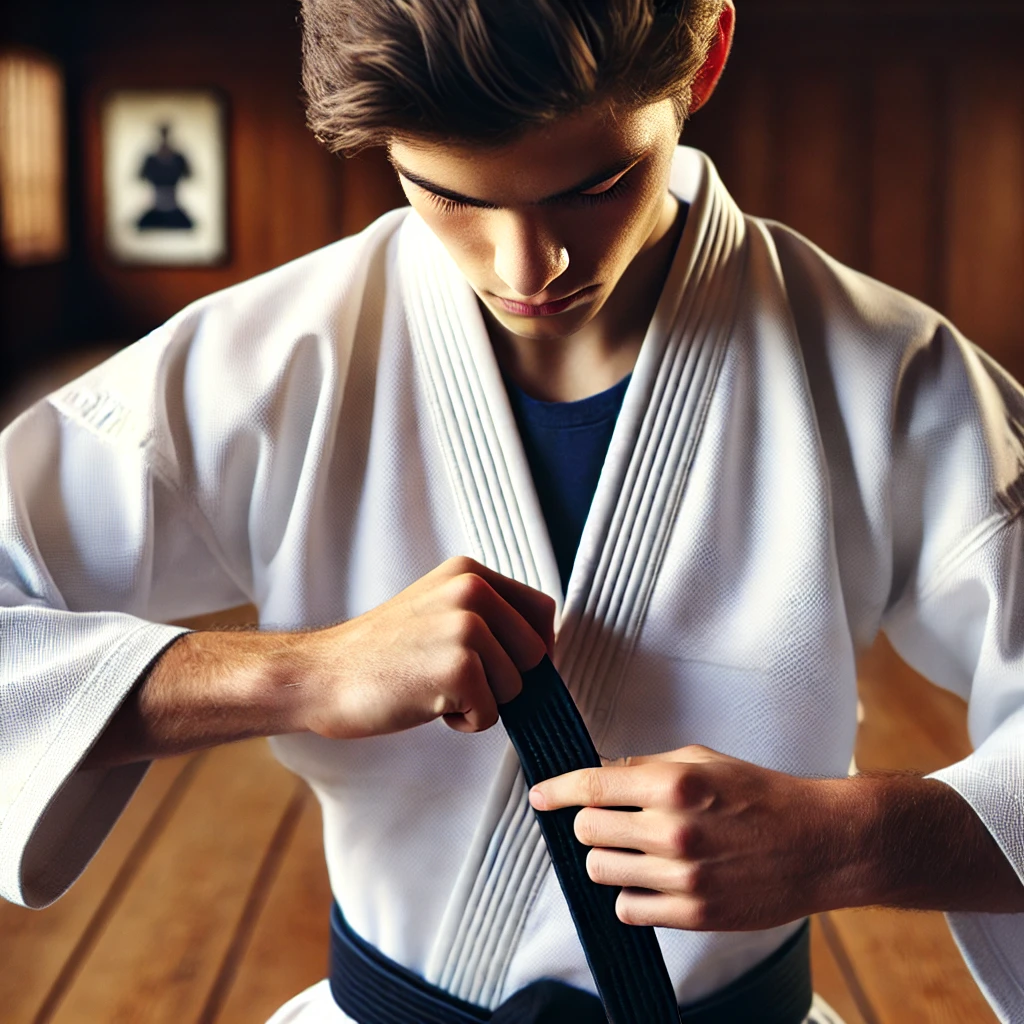 A close-up of a student tying their martial arts belt inside a dojo, preparing for training. A close-up of a student tying their martial arts belt inside a dojo, preparing for training.