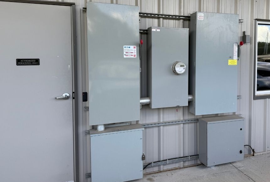 RBG Services master electrician installing a new commercial electrical panel in a Houston TX warehouse mechanical room