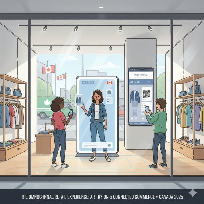 Canadian retail store blending digital and physical shopping with AR try-ons connected to a business website. Canadian retail store blending digital and physical shopping with AR try-ons connected to a business website.