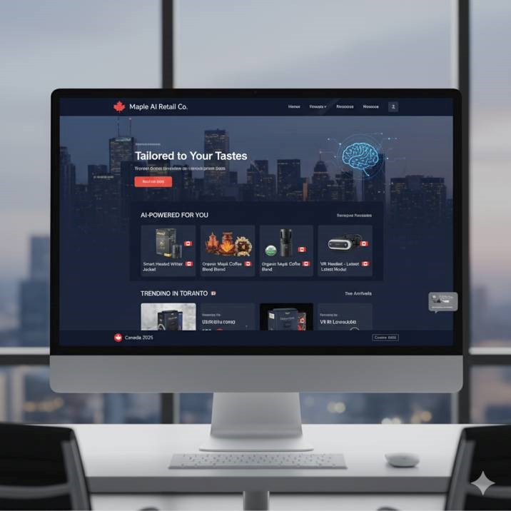 A futuristic Canadian business website homepage mockup using AI-driven personalization, showing tailored product suggestions for users A futuristic Canadian business website homepage mockup using AI-driven personalization, showing tailored product suggestions for users