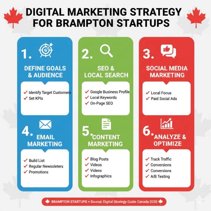A clean checklist infographic showing six steps of a digital marketing strategy for startups in Brampton, modern flat design style.