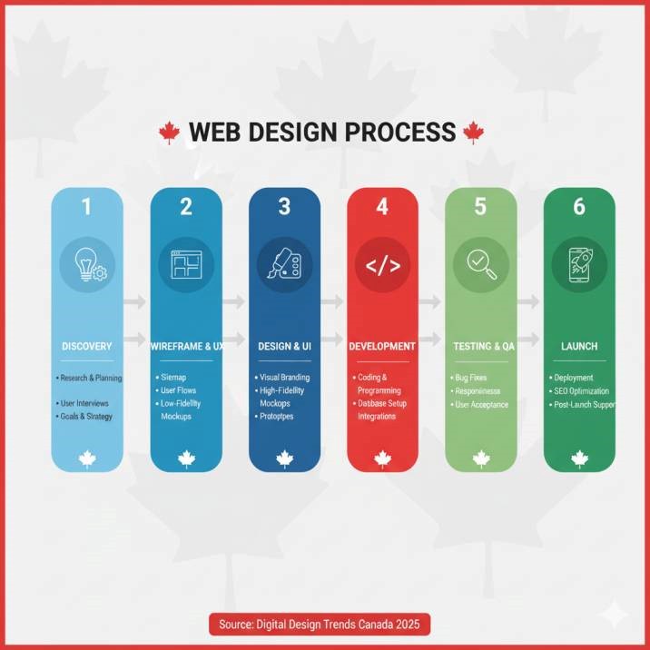 Infographic-style illustration of the web design process: discovery, wireframe, design, development, testing, launch. Clean modern icons.