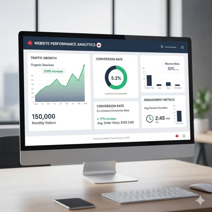 Dashboard showing website analytics: traffic growth, conversion rates, and engagement metrics. Professional data visualization style.