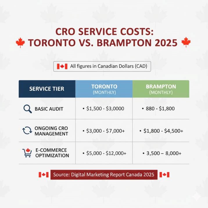 Professional table-style infographic comparing CRO service costs in Toronto and Brampton, showing different tiers like Basic Audit, Ongoing CRO, and E-commerce optimization.