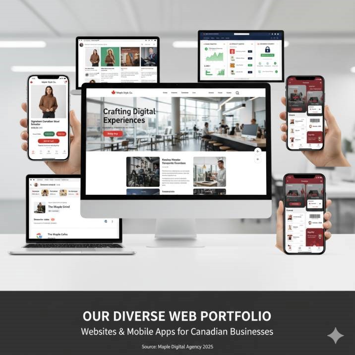 Collage of different website screens (mobile, desktop, e-commerce, service websites) showing diversity of a web agency’s portfolio.