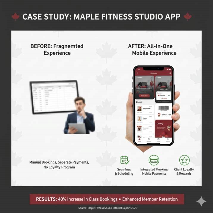 Visual case study mockup showing a Canadian fitness studio mobile app with booking, payments, and loyalty features.