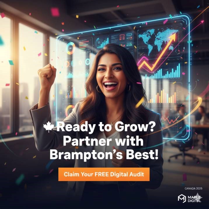 Vibrant call-to-action banner showing a startup founder in Brampton celebrating digital growth with marketing dashboards in the background.