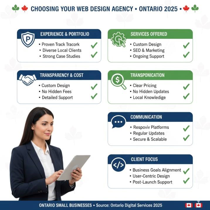 “Checklist graphic with a business owner reviewing web design agency criteria. Clean, minimalist, professional Ontario branding.