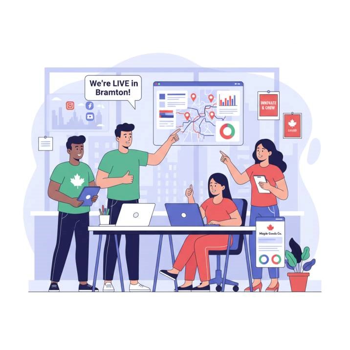 A modern illustration of a Brampton startup team launching a business with laptops, smartphones, and marketing dashboards in the background, vibrant startup energy.