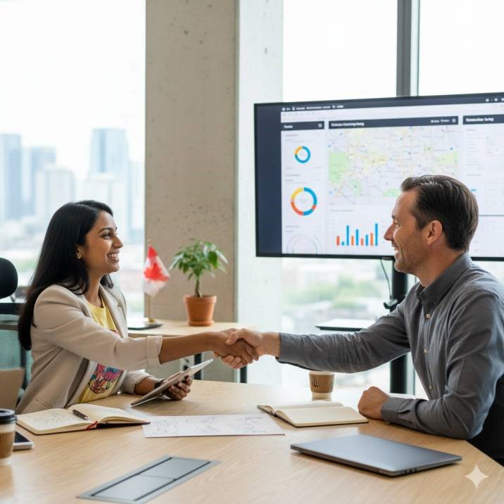Startup founder shaking hands with a digital marketing agency consultant in Brampton office setting, showing partnership and collaboration.