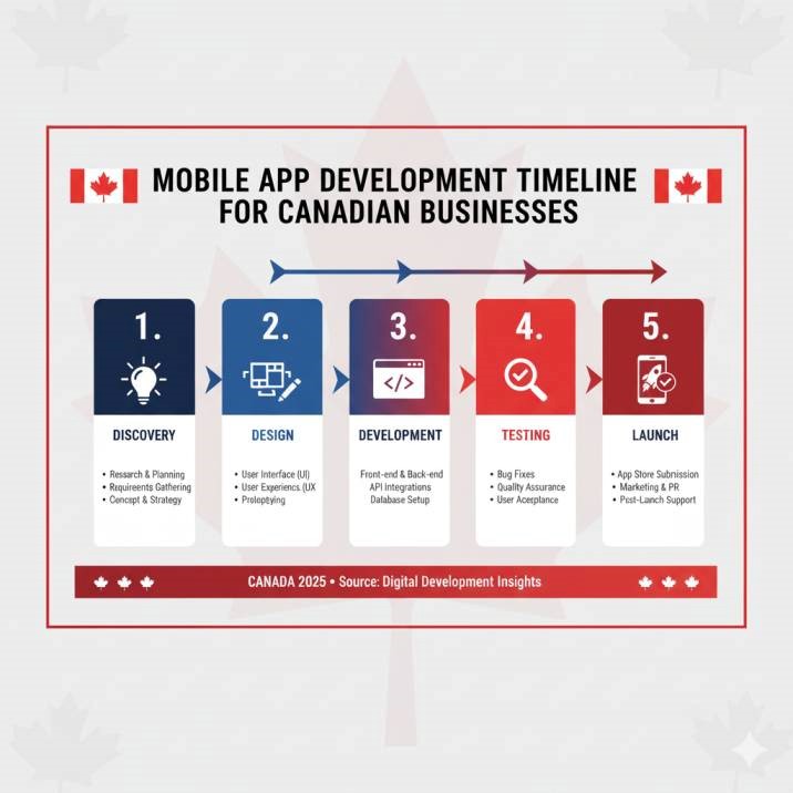 Step-by-step mobile app development timeline infographic with discovery, design, development, testing, and launch phases for Canadian businesses.