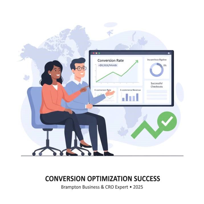 Illustration of a Canadian business owner reviewing analytics with a CRO expert, with charts showing conversion improvements and upward trends.