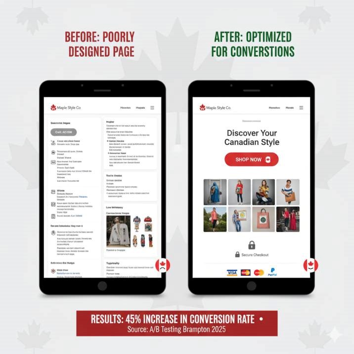 A split-screen image comparing two landing pages for a Canadian business, with one poorly designed and the other optimized for conversions, showing improvements in buttons, trust badges, and layout.