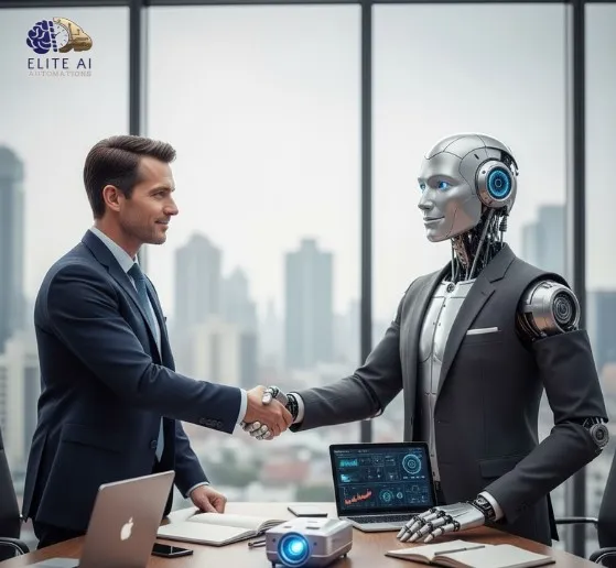 Businessman shaking hands with humanoid robot, symbolizing collaboration and what features should I look for in an AI CRM to integrate human and AI support. Businessman shaking hands with humanoid robot, symbolizing collaboration and what features should I look for in an AI CRM to integrate human and AI support.