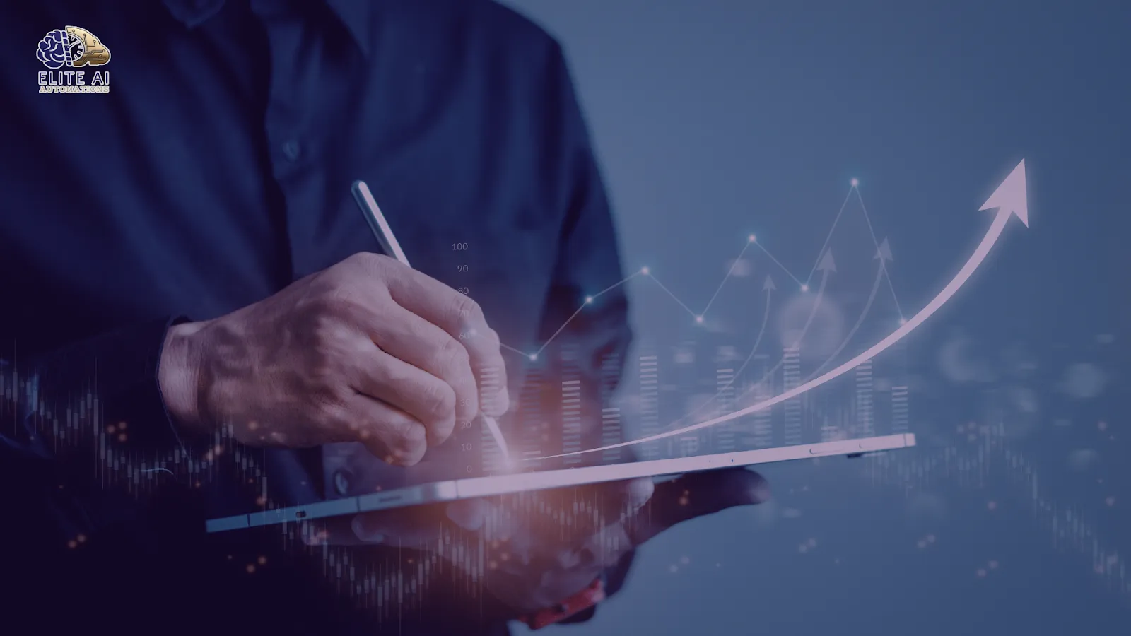 Business analyst reviewing growth charts on a tablet, demonstrating how lead nurturing services improve conversion rates in digital marketing by optimizing lead engagement strategies.