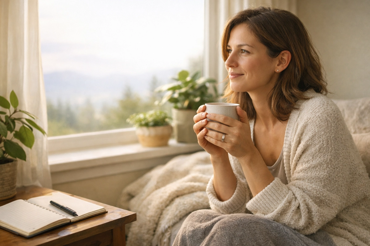 A person sits by a sunlit window holding a warm mug with both hands, looking thoughtfully outside. A notebook and pen rest on a nearby table, with houseplants and soft blankets creating a calm, cozy space filled with gentle morning light.