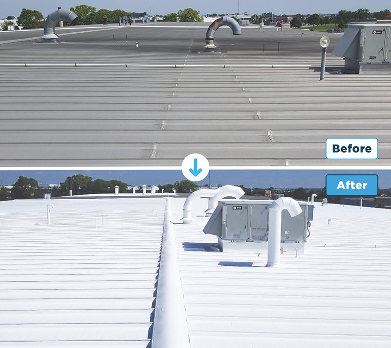 Before and after vertical commercial roof restoration