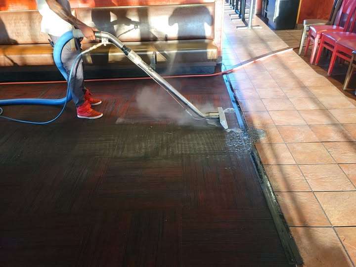 Commercial carpet cleaning — wide job shot