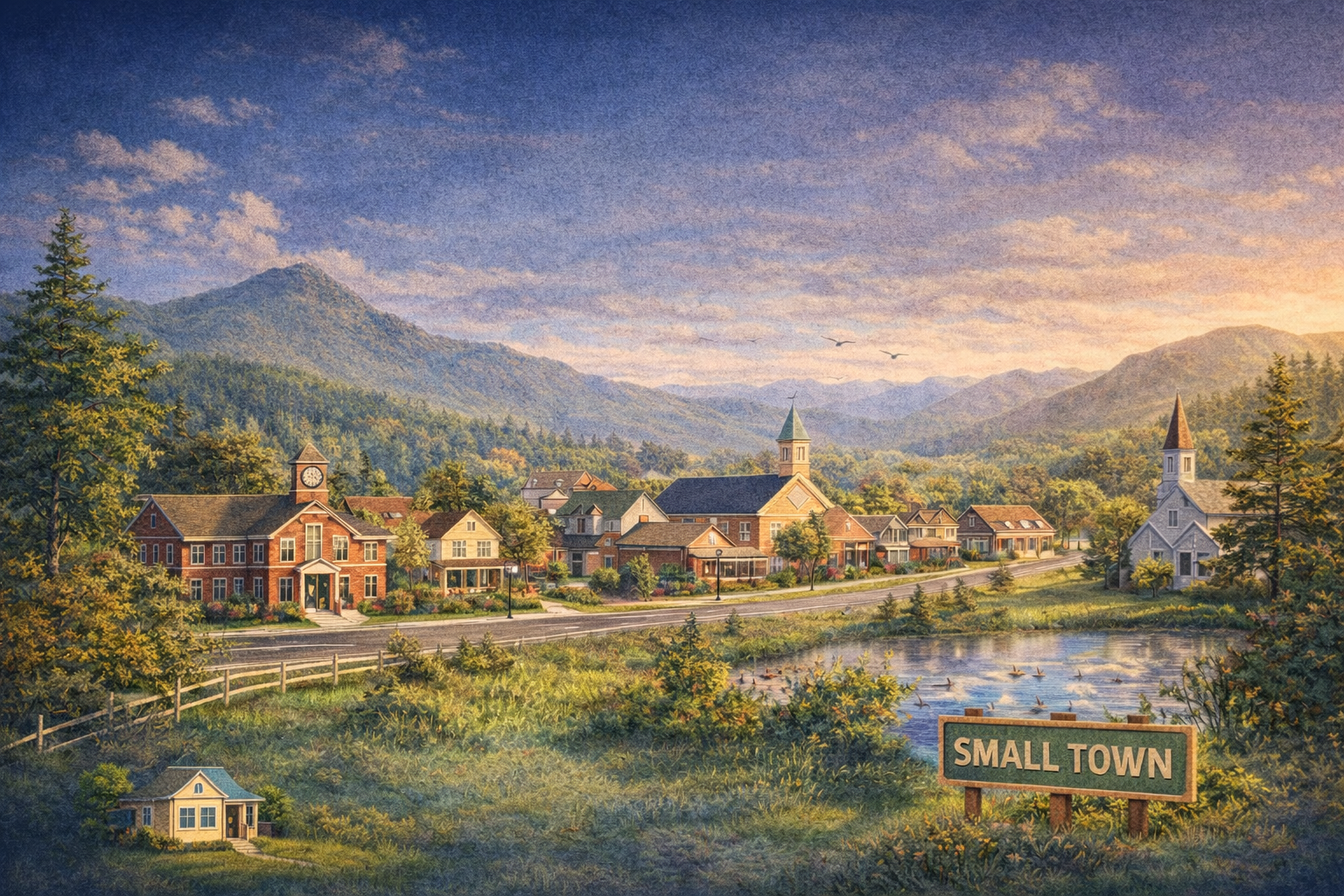 An idyllic small town landscape at sunset, featuring charming brick and wooden buildings nestled at the base of rolling blue mountains. A winding road leads past a central clock tower, a steeple-topped church, and a calm pond with ducks, while a green sign in the foreground simply reads "SMALL TOWN."