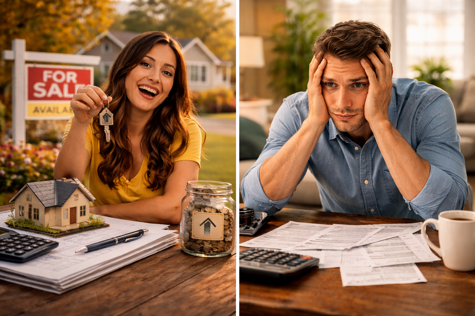 A split-screen image contrasting two real estate experiences: on the left, a smiling woman holds up house keys next to a "For Sale" sign, a miniature house model, and a jar of savings, representing a successful and happy home purchase. On the right, a stressed man sits at a desk cluttered with bills and a calculator, holding his head in his hands, symbolizing the financial stress and complexities of homeownership or the buying process.