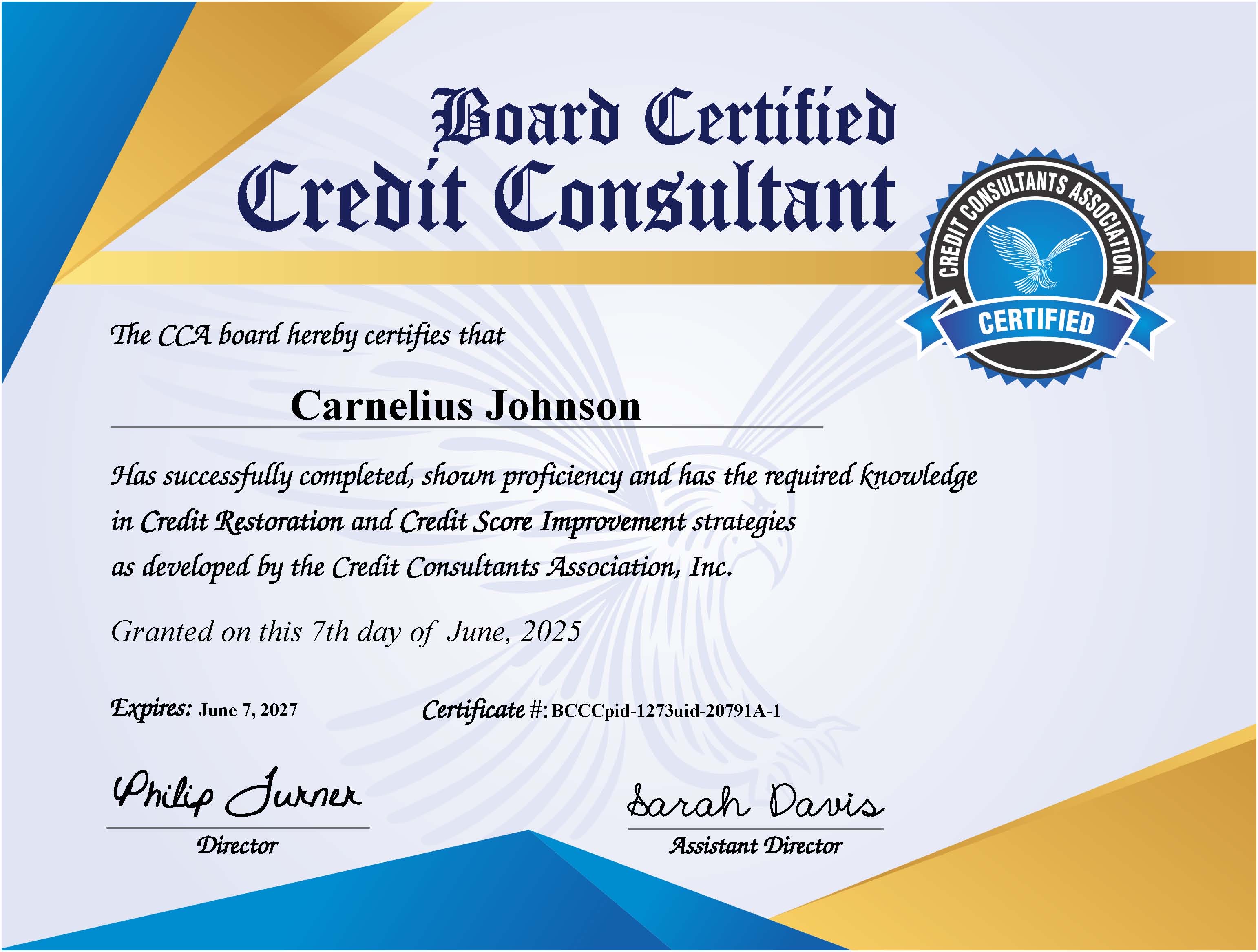 Board Certified Credit Consultant Certificate - Carnelius Johnson