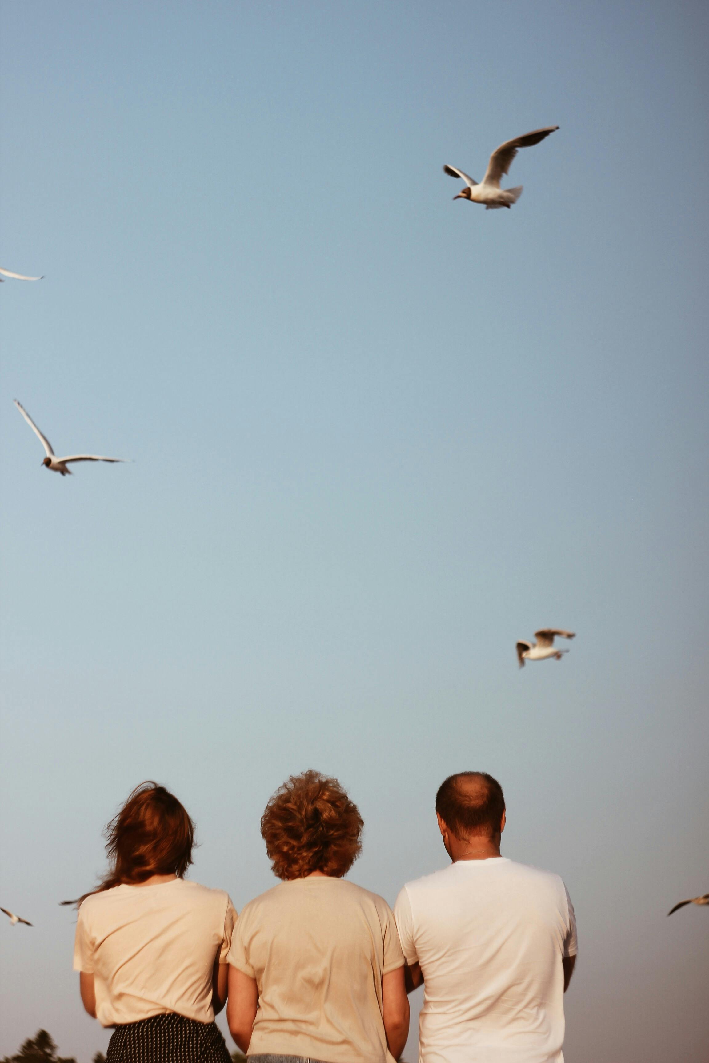 three people sitting with birds flying above them