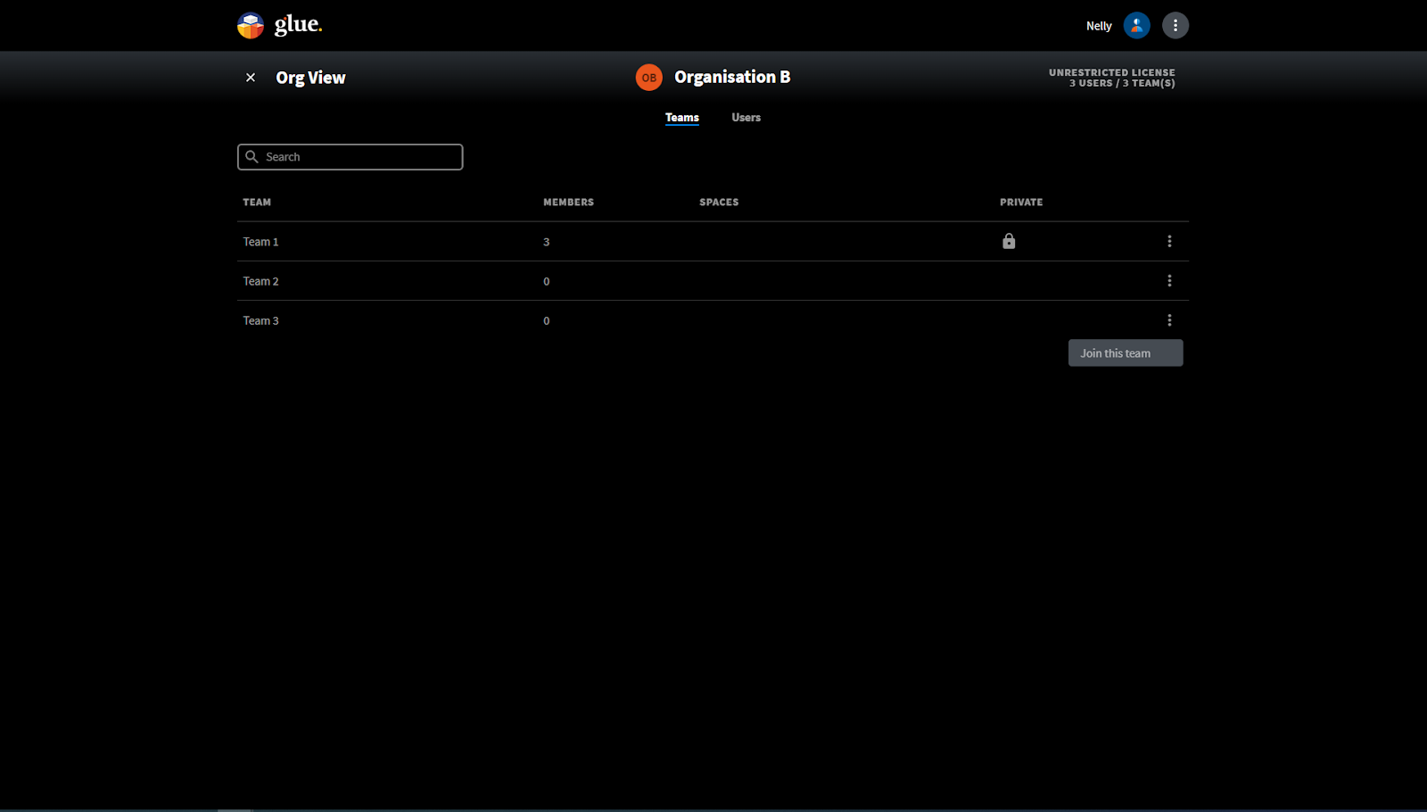 Teams in the Organisation view