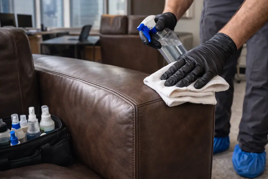 Professional leather cleaning in progress