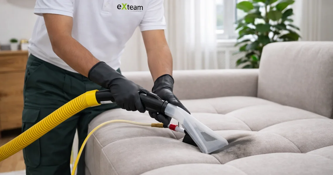 Technician performing sofa cleaning in a Bognor Regis home